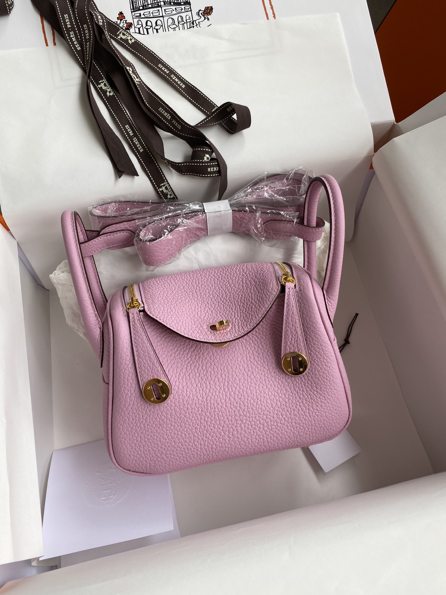 Hermes Mini Lindy 19cm Handbag Shoulder Bag In Mauve Sylvestre Clemence Leather